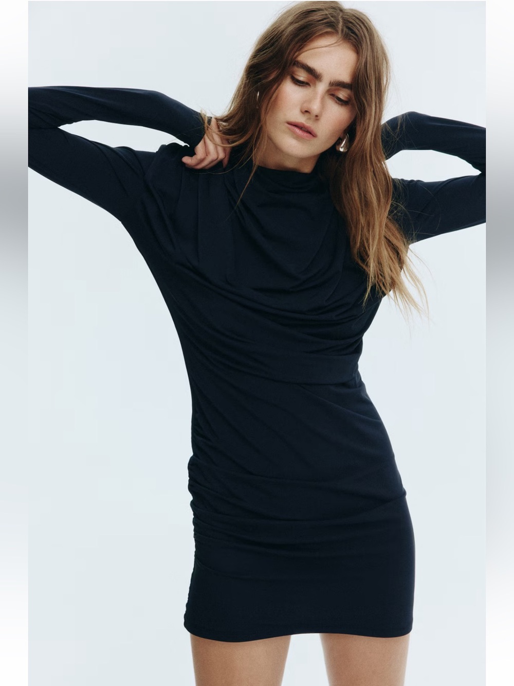 H&M | Draped Shoulder Pad Dress in Navy Blue